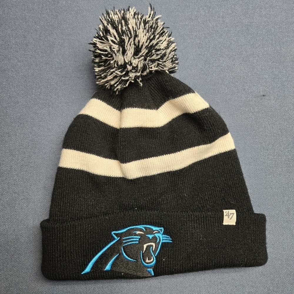 '47 Carolina Panthers Black & White Striped Beanie w Blue Panther Logo & Pom Pom